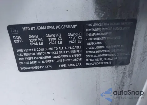 2011 Buick Regal Cxl Turbo Russelsheim z USA, uszkodzony, nr VIN W04GY5GV9B1115774